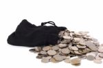 Black Sack With Coin Spill, Thai Baht Stock Photo