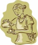 Waitress Pouring Tea Cup Vintage Etching Stock Photo