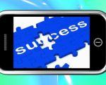 Success On Smartphone Shows Successful Solutions Stock Photo