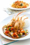 Thai Food, Deep-fried Prawns With Black Pepper Sauce Stock Photo