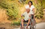 Senior Woman Pushing Her Disabled Husband On Wheelchair Stock Photo