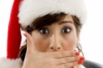 Shocked Girl Wearing Christmas Hat Stock Photo