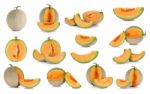 Collection Cantaloupe Melon Fruit Isolated On The White Backgrou Stock Photo