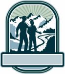 Father Son Journey Mountains Crest Retro Stock Photo