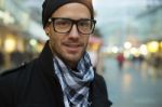 Fashion Man On Street, Blurred City Background Stock Photo