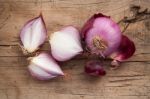 Shallots Still Life Wood Background Stock Photo