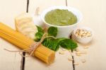 Italian Traditional Basil Pesto Pasta Ingredients Stock Photo