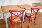 Vintage Wooden Kitchen Table And Chair Stock Photo