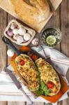 Aubergine Stuffed With Vegetables And Cheese Stock Photo