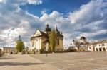 Old Cathedral And Church. Square In Old Town Stock Photo