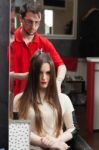 Hairdresser With His Customer Stock Photo