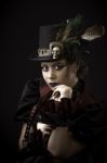 Steampunk Young Woman Emotional Portrait Stock Photo