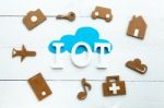 Cardboard Web Icons,  Blue Cloud And Iinternet Of Things Acronym Stock Photo