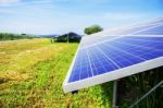 Solar Panels On The Lawn In A Power Station Stock Photo