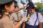 Student 9-10 Years Old, Welcome To Boy Scout Camp In Bangkok Thailand Stock Photo