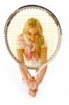 Smiling Young Woman With Tennis Racket Stock Photo