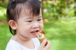 Closeup Little Asian (thai) Girl Enjoy Eating Her Lunch Stock Photo