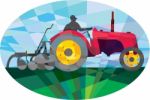 Farmer Driving Vintage Farm Tractor Oval Low Polygon Stock Photo