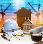 Office Tower And Home Construction Plan On Architect Working Tab Stock Photo