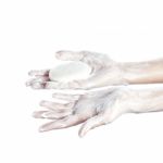 Woman Washes Her Hands. Pictured Female Hands In Soapsuds. Isola Stock Photo