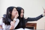 Two Asia Thai Teen Best Friends Girls Make Picture Selfie Pic Stock Photo