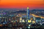 South Korea Skyline Of Seoul, The Best View Of South Korea With Lotte World Mall At Namhansanseong Fortress Stock Photo