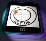 Action Smartphone Displays Acting To Reach Goals Stock Photo