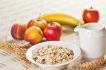 Bowl Of Muesli For Breakfast With Fruits Stock Photo