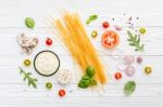 Ingredients For Homemade Pasta On Wooden Background Stock Photo