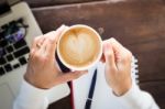 Woman Serve The Internet At Coffee Shop Stock Photo