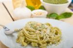 Italian Traditional Basil Pesto Pasta Ingredients Stock Photo