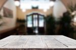 Selected Focus Empty Brown Wooden Table And Coffee Shop Or Resta Stock Photo