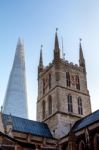 Belfry Of Southwark Cathedral With The Shard In The Background Stock Photo