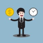 Time And Money Coin On Hands Of Businessman Stock Photo