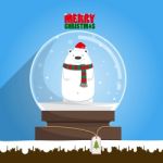 Merry Christmas White Polar Bear In Snow Globe Stock Photo