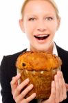 Businesswoman With Panettone Stock Photo