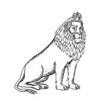 Lion Sitting Wearing Tiara Etching Black And White Stock Photo