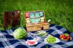 Picnic Blanket And Basket Stock Photo