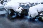 Winter Landscape, Waterfall And River On The Forest In Winter Stock Photo