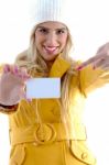 Smiling lady pointing Business Card Stock Photo