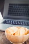 Crispy Potato Chips On Wotk Station Stock Photo