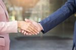 Closeup Friendly Meeting Handshake Between Business Woman And  B Stock Photo