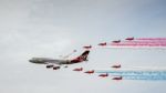 Virgin Atlantic Boeing 747-400 And Red Arrows Aerial Display At Stock Photo