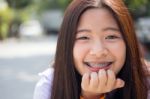 Portrait Of Thai Student Teen Beautiful Girl Happy And Relax Stock Photo