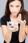 Woman Hold Contact Lenses Cases Stock Photo