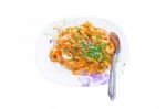 Macaroni Pasta In Tomato Sauce With Chicken, Thai Style Stock Photo