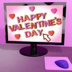 Happy Valentine's Day On Computer Screen Showing Online Greeting Stock Photo