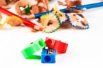 Red, Green And Blue Pencil Sharpener Stock Photo