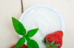 Organic Greek Yogurt And Strawberry Stock Photo