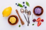 Flat Lay Ice Cream With Various Fruits Raspberry ,blueberry ,str Stock Photo